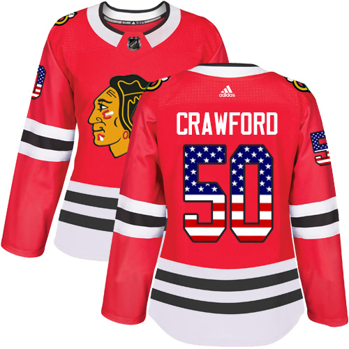 Adidas Blackhawks #50 Corey Crawford Red Home Authentic USA Flag Women's Stitched NHL Jersey - Click Image to Close